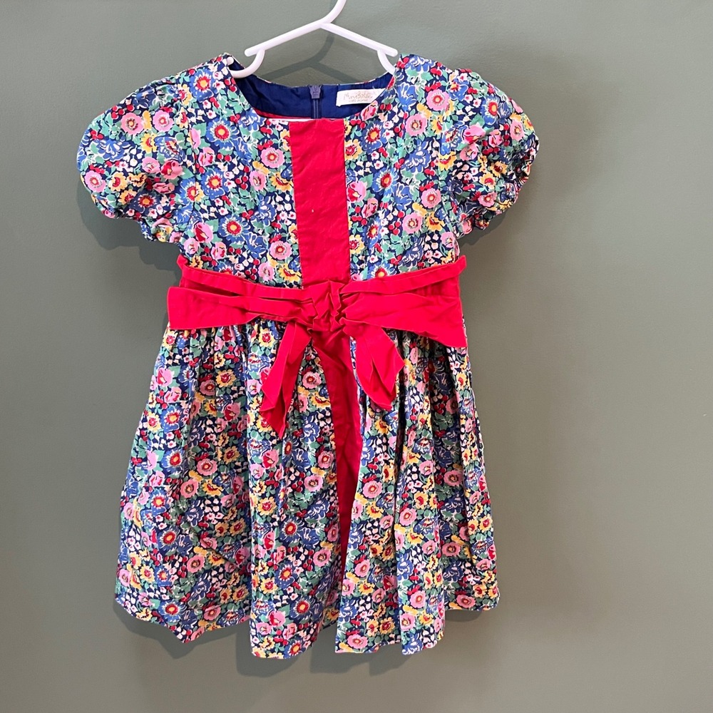 Mini Boden Girls Floral Dress Red Bow Puff Sleeve Size 5-6Y‎ Kids